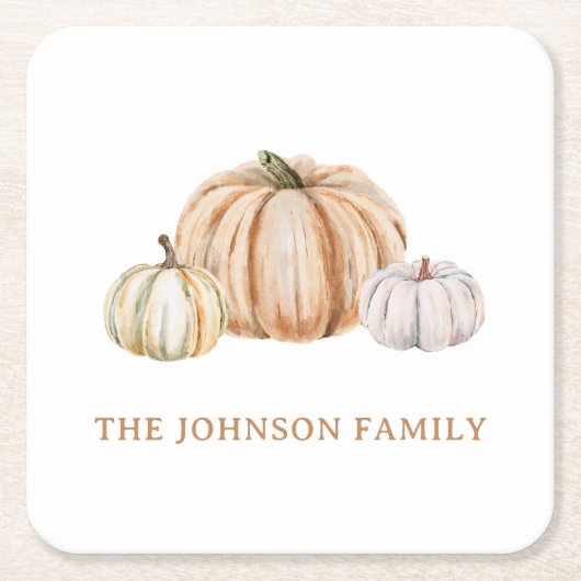 Personalized Family Name Thankful Neutral Pumpkin Kartonnen Onderzetters (Voorkant)