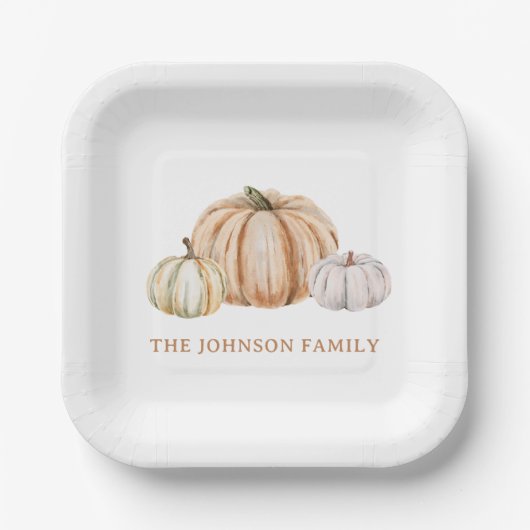Personalized Family Name Thankful Neutral Pumpkin Papieren Bordje (Voorkant)