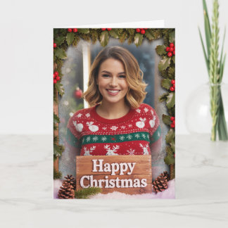 Personalized Family Photo Christmas Rustic Wood Kaart