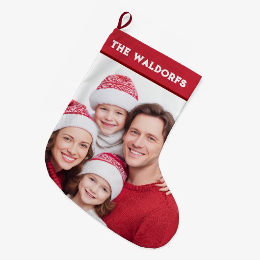 Personalized Family Photo Christmas Stocking Grote Kerstsok (Voorkant (Hangend))