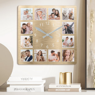 Personalized Family Photo Elegant Gold Vierkante Klok