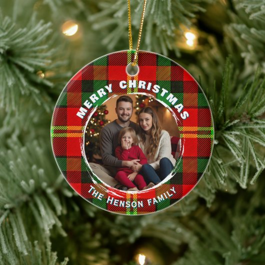 Personalized Family Photo Plaid Pattern Christmas  Keramisch Ornament (Boom)