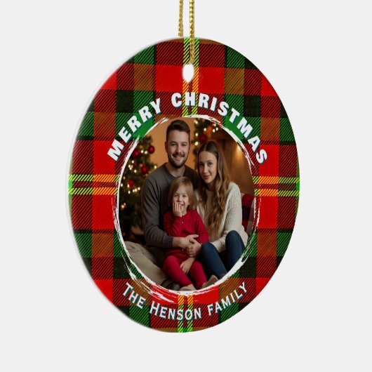 Personalized Family Photo Plaid Pattern Christmas  Keramisch Ornament (Rechts)