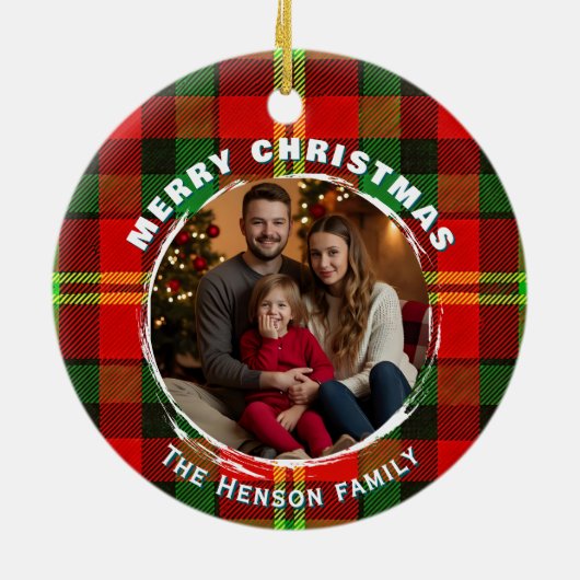 Personalized Family Photo Plaid Pattern Christmas Keramisch Ornament (Achterkant)