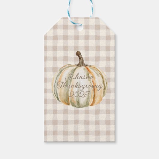Personalized Family Thanksgiving Neutral Gingham  Cadeaulabel (Voorkant)