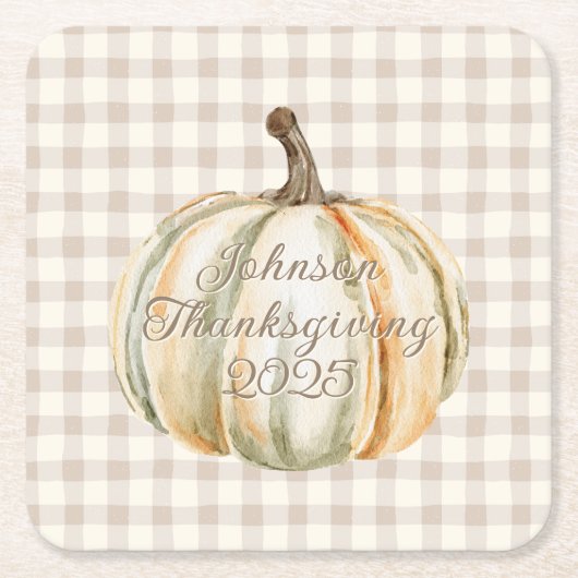 Personalized Family Thanksgiving Neutral Gingham Kartonnen Onderzetters (Voorkant)