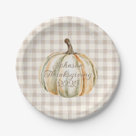Personalized Family Thanksgiving Neutral Gingham  Papieren Bordje (Voorkant)