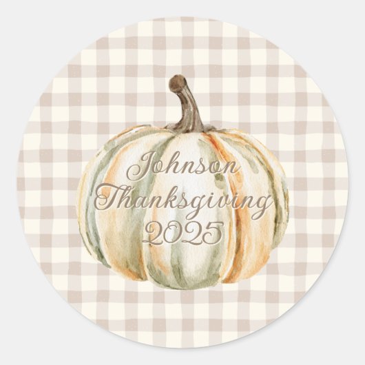 Personalized Family Thanksgiving Neutral Gingham  Ronde Sticker (Voorkant)