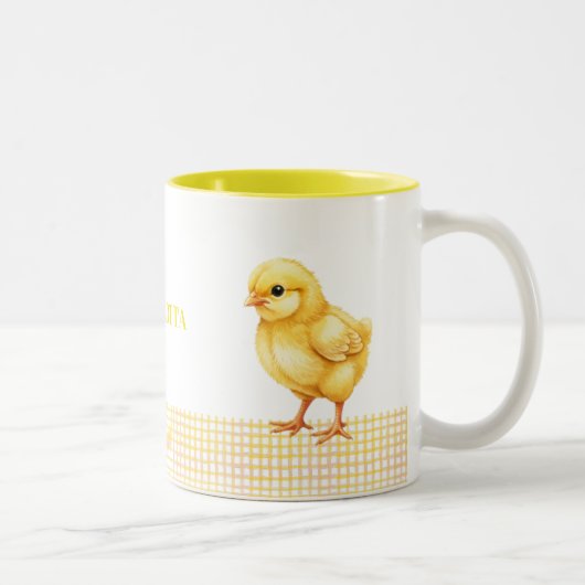Personalized Farm Animal Mug – Cute Chick Design Tweekleurige Koffiemok (Rechts)