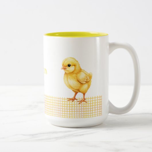 Personalized Farm Animal Mug – Cute Chick Design Tweekleurige Koffiemok (Rechts)