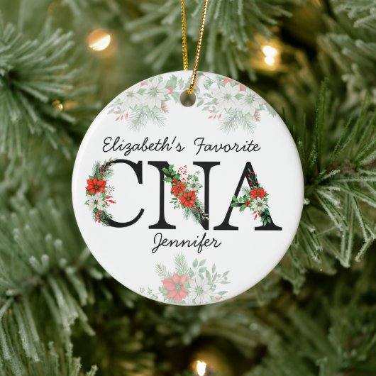 Personalized Favorite CNA Red Floral Christmas Keramisch Ornament (Boom)