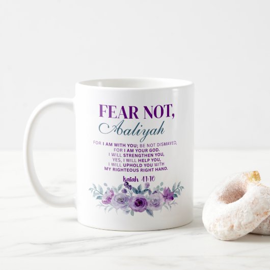 Personalized Fear Not Isaiah 41:10 Purple Floral Koffiemok (Met donut)