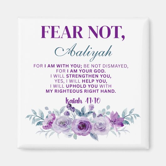 Personalized Fear Not Isaiah 41:10 Purple Floral Magneet (Voorkant)