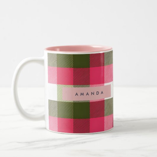Personalized Festive Pink and Green Plaid Tweekleurige Koffiemok (Links)