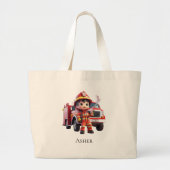 Personalized Firefighter Boy Cartoon Hero Grote Tote Bag (Voorkant)