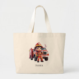 Personalized Firefighter Boy Cartoon Hero Grote Tote Bag