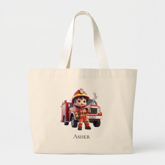 Personalized Firefighter Boy Cartoon Hero Grote Tote Bag (Voorkant)