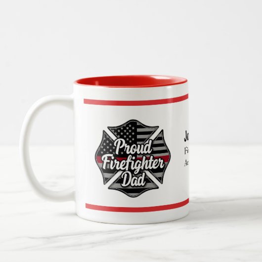 Personalized Firefighter Dad Name Thin Red Line  Tweekleurige Koffiemok (Links)