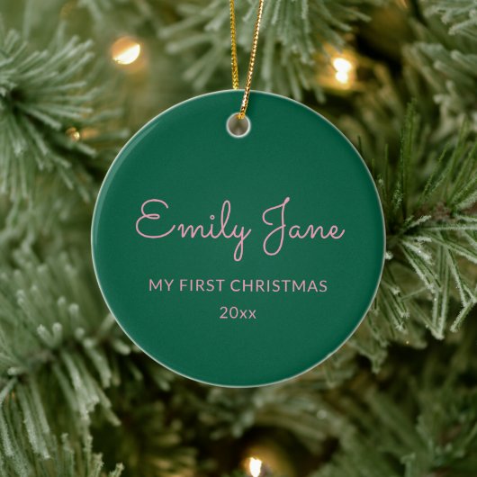 Personalized First Christmas Baby Photo Name Green Keramisch Ornament (Boom)