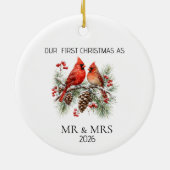 Personalized First Christmas Mr Mrs Cardinal Ornam Keramisch Ornament (Achterkant)