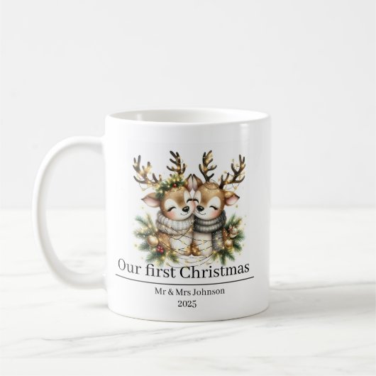 Personalized first Christmas, reindeer, newlyweds  Koffiemok (Links)