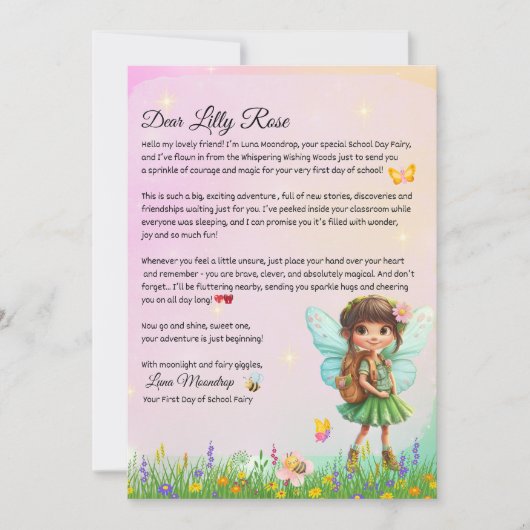 Personalized First Day of School Fairy Letter  Kaart (Voorkant)