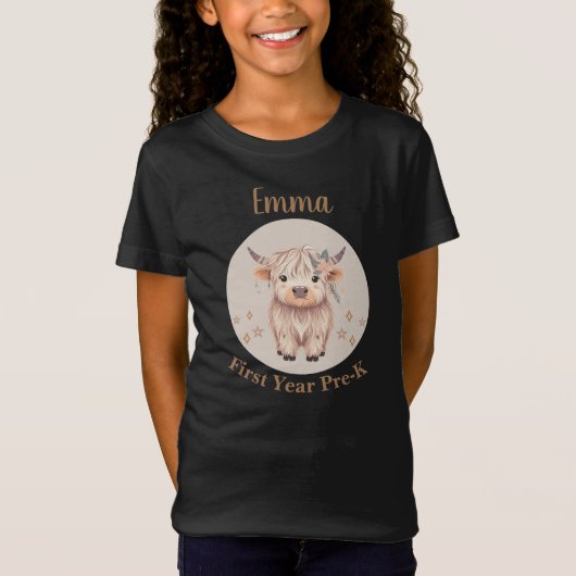Personalized First Year PreK Cute Highland Cow T-shirt (Voorkant)