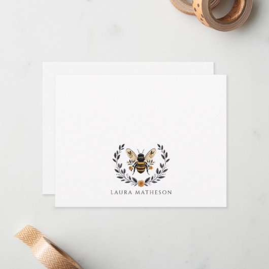 Personalized Floral Bee Laurel Notitiekaartje (Voorkant / Achterkant in situ)