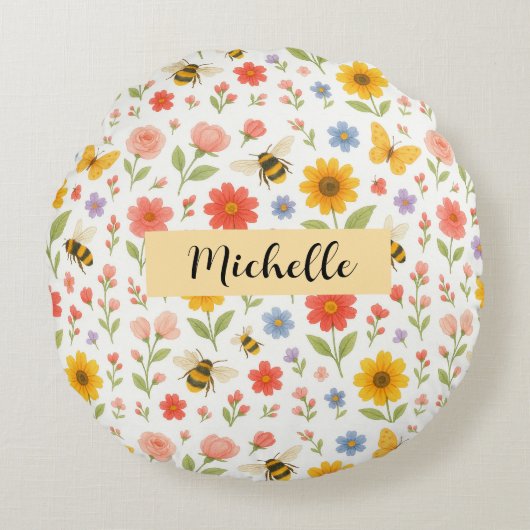 Personalized Floral Bee Round Pillow Rond Kussen (Voorkant)