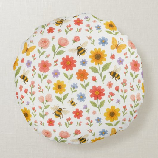 Personalized Floral Bee Round Pillow Rond Kussen (Achterkant)