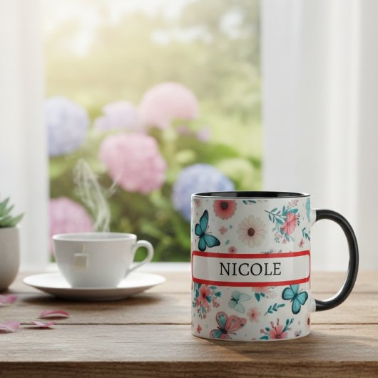 “Personalized Floral Butterfly Coffee Mug for Gift Mok