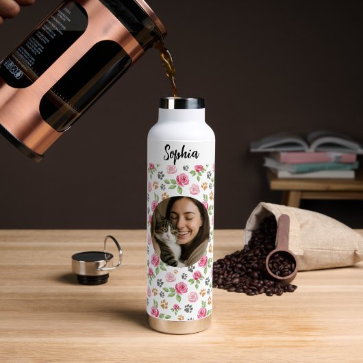 Personalized Floral Cat Mom Water Bottle Waterfles (Koffie (Gedraaid)  )