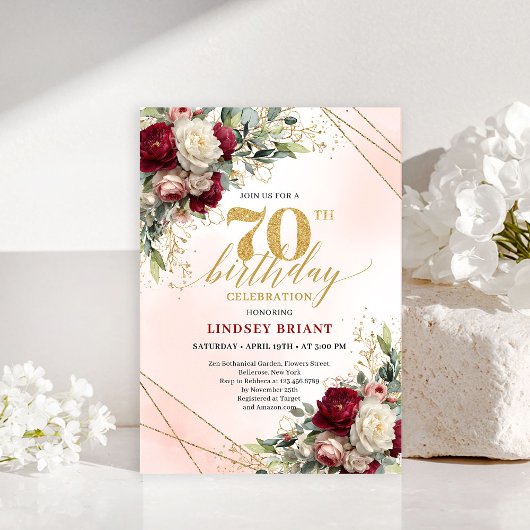 Personalized floral gold 70th birthday invite card kaart