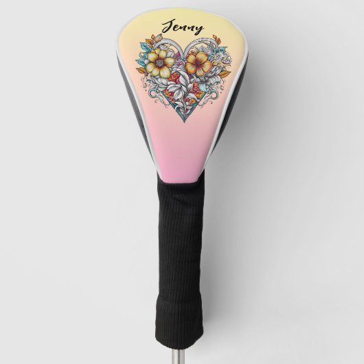 Personalized Floral Heart Romantic Golfheadcover (Voorkant)