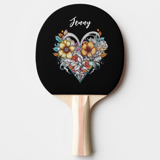 Personalized Floral Heart Romantic Tafeltennisbatje (Voorkant)