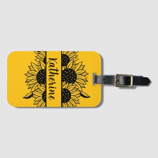 Personalized Floral line drawing sunflowers name Bagagelabel (Voorkant (horizontaal))