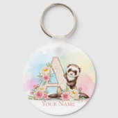 Personalized Floral Monogram 'A' with Cute Ferret  Sleutelhanger (Voorkant)