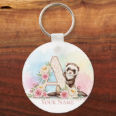 Personalized Floral Monogram 'A' with Cute Ferret  Sleutelhanger (Voorkant)