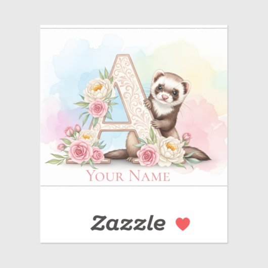 Personalized Floral Monogram 'A' with Cute Ferret  Sticker (Vel)