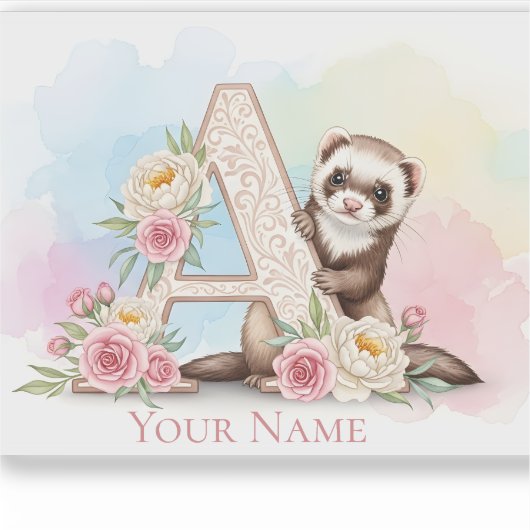 Personalized Floral Monogram 'A' with Cute Ferret Sticker (Voorkant)