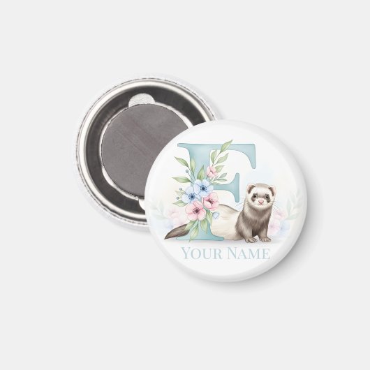 Personalized Floral Monogram 'F' with Cute Ferret  Magneet (Voorkant / Achterkant)