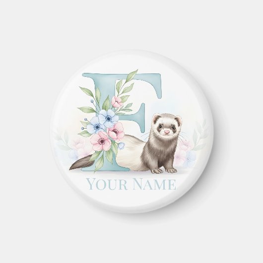 Personalized Floral Monogram 'F' with Cute Ferret Magneet (Voorkant)