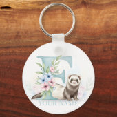 Personalized Floral Monogram 'F' with Cute Ferret Sleutelhanger (Voorkant)