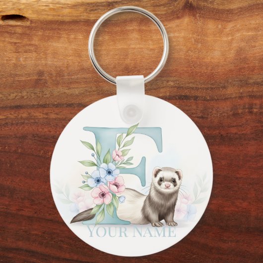 Personalized Floral Monogram 'F' with Cute Ferret  Sleutelhanger (Voorkant)