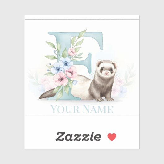 Personalized Floral Monogram 'F' with Cute Ferret Sticker (Vel)
