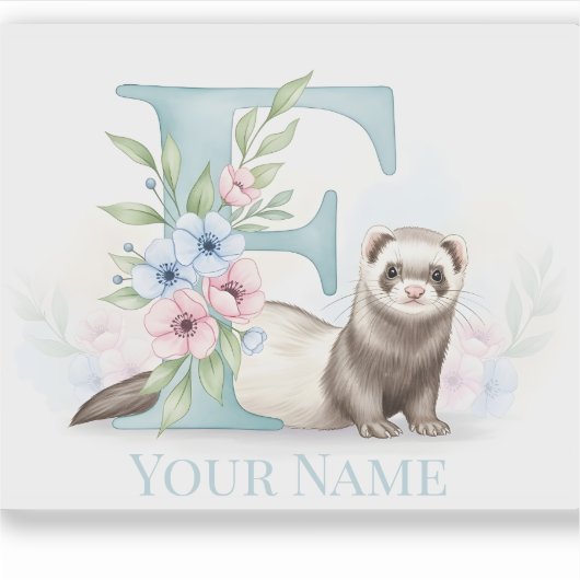 Personalized Floral Monogram 'F' with Cute Ferret  Sticker (Voorkant)