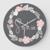 Personalized Floral Name Pink Grote Klok (Voorkant)
