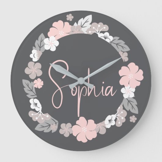 Personalized Floral Name Pink Grote Klok (Voorkant)