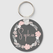 Personalized Floral Name Pink Sleutelhanger (Voorkant)