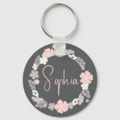 Personalized Floral Name Pink Sleutelhanger (Achterkant)
